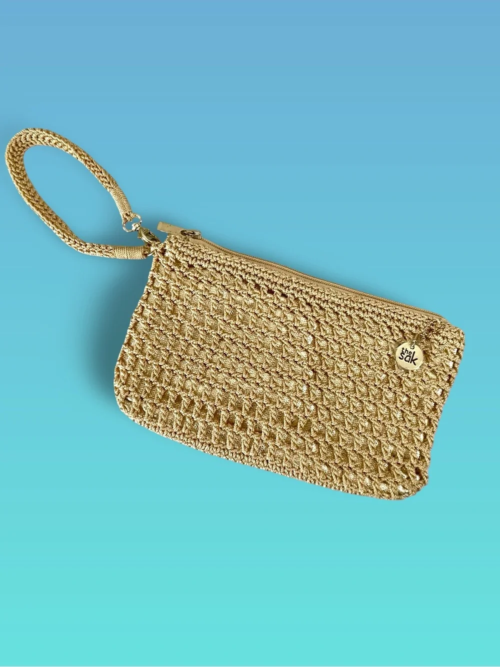 The Sak Champagne Gold Crochet Zippered Wristlet Mini Bag Cosmetic Pouch